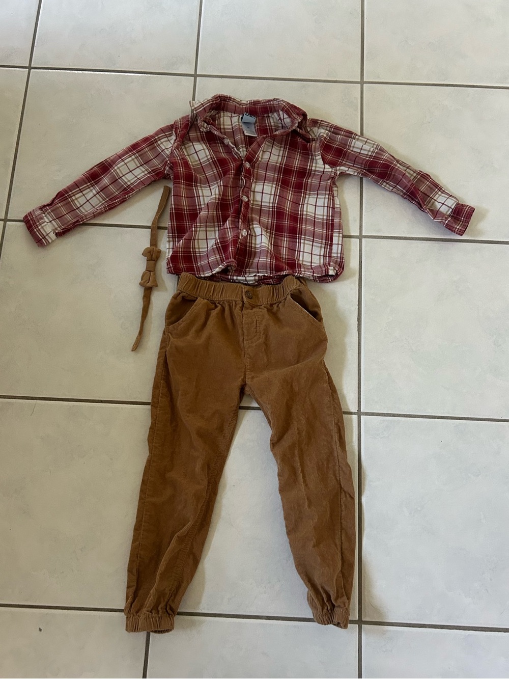 Kids Plaid Button-Up Shirt and Corduroy Jogger Set - Red Plaid & Brown